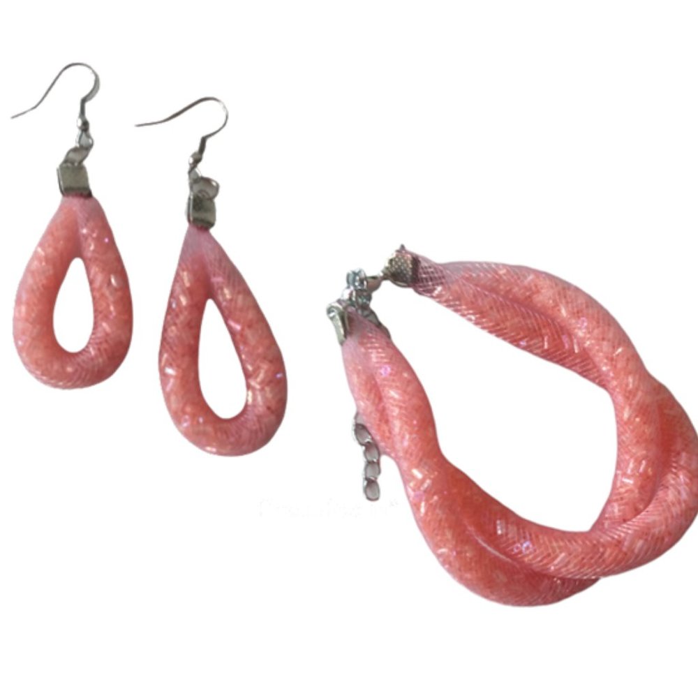 Mesh Twisted Dangle Earrings And Bracelet-Light Peach Mesh Jewelry Set
